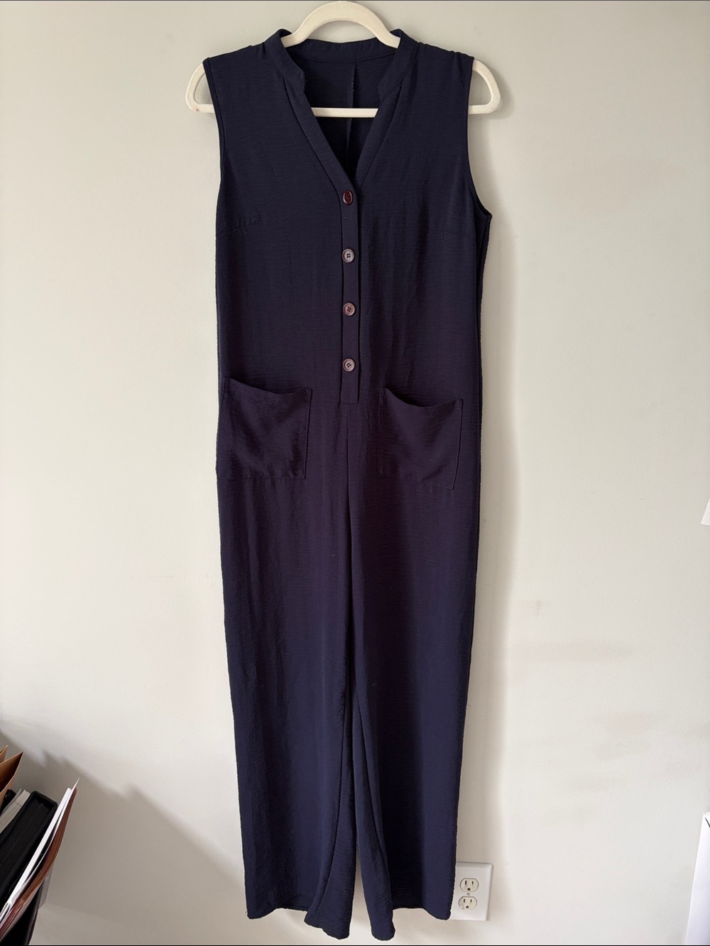 Sleeveless Navy Button-Front Jumpsuit with Front Pockets